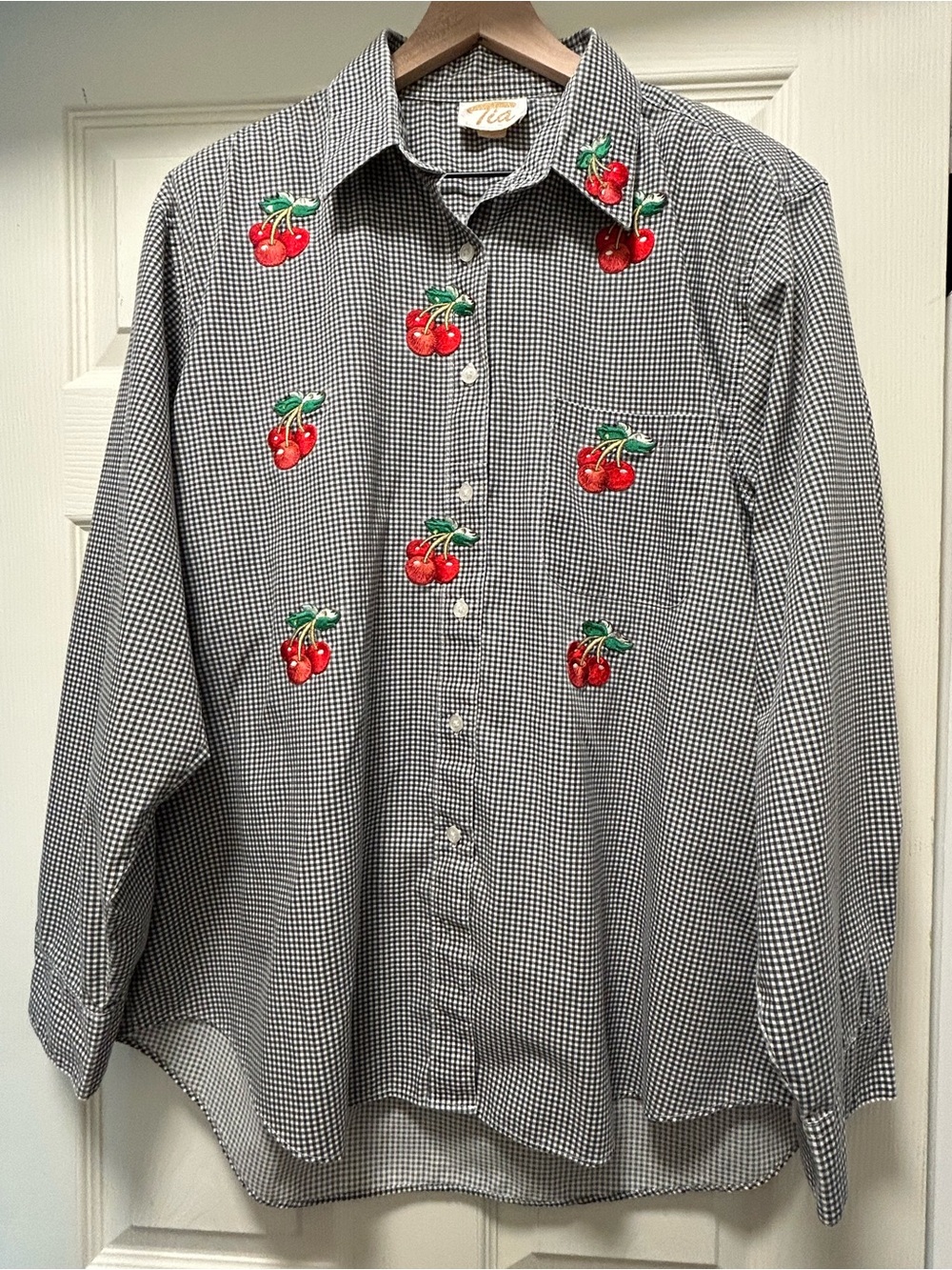 Cherry Embroidered Gingham Button Down Shirt Oversized Retro Granny Cottagecore